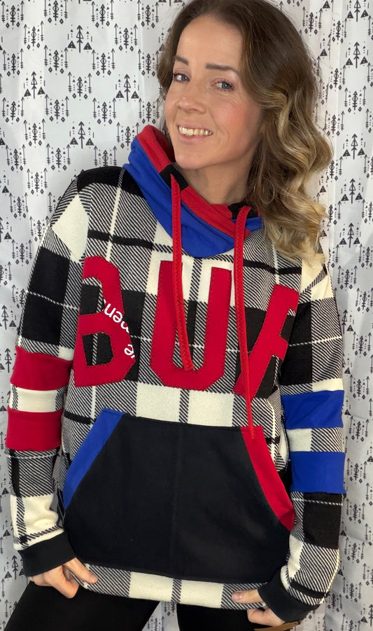 White, Blue & Red Plaid BUF Hoodie Size- Women's L/XL