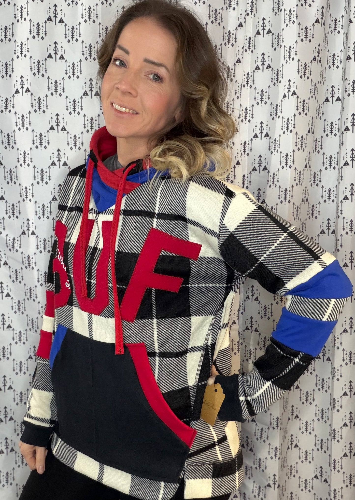 White, Blue & Red Plaid BUF Hoodie Size- Women's L/XL
