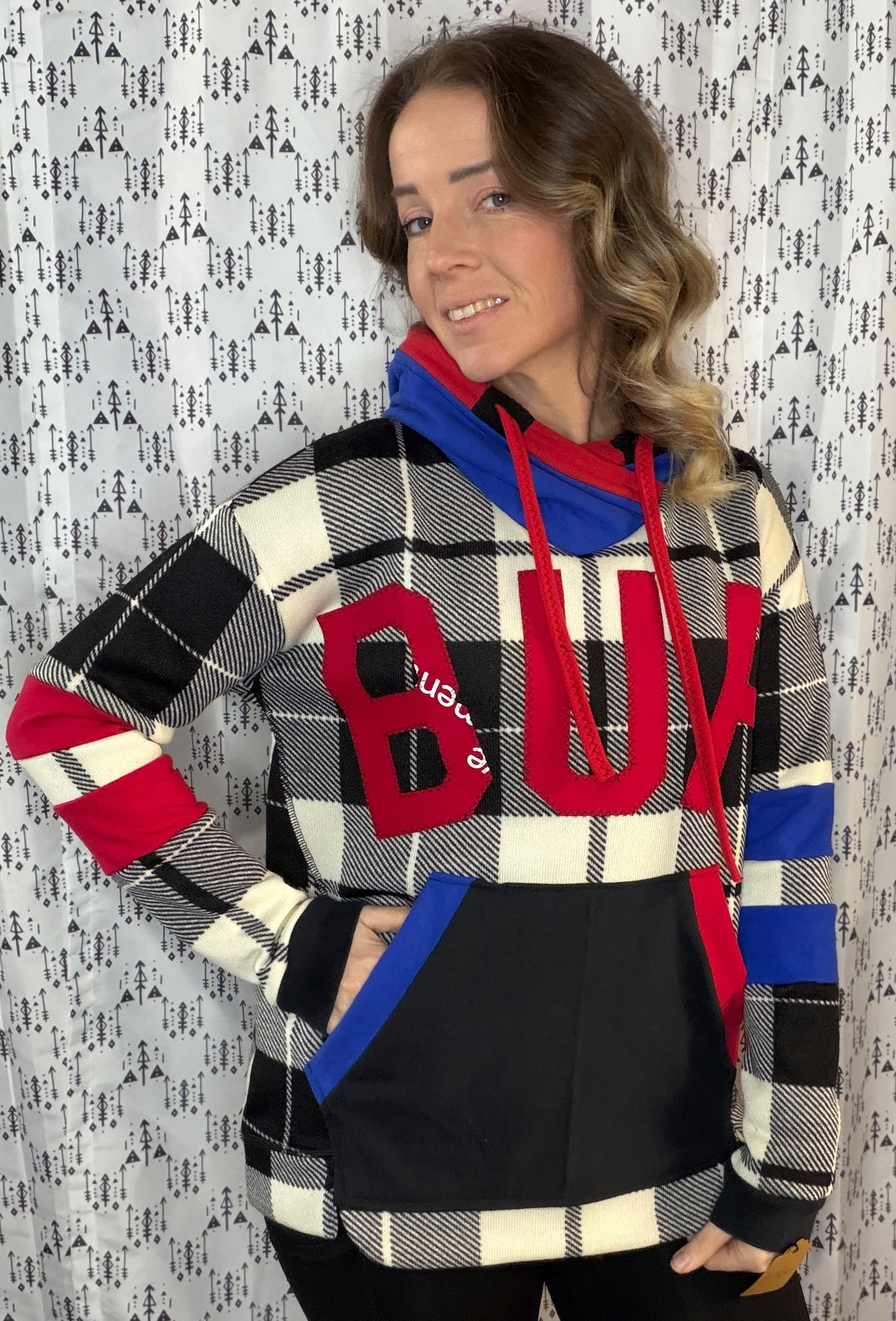White, Blue & Red Plaid BUF Hoodie Size- Women's L/XL