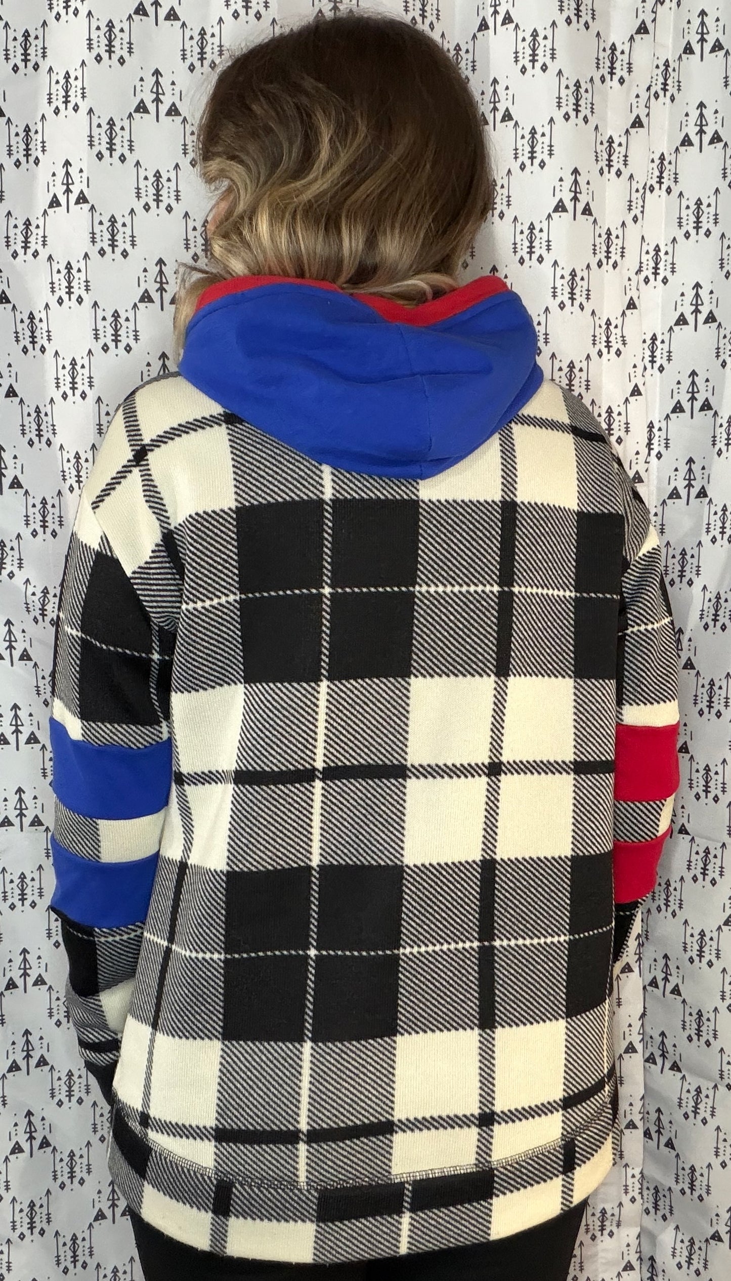 White, Blue & Red Plaid BUF Hoodie Size- Women's L/XL