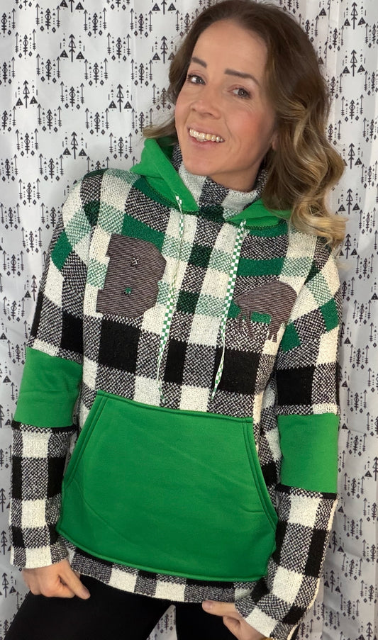 B & W w/ Green Plaid Buffalo Sweater Hoodie Size- Women's M/L