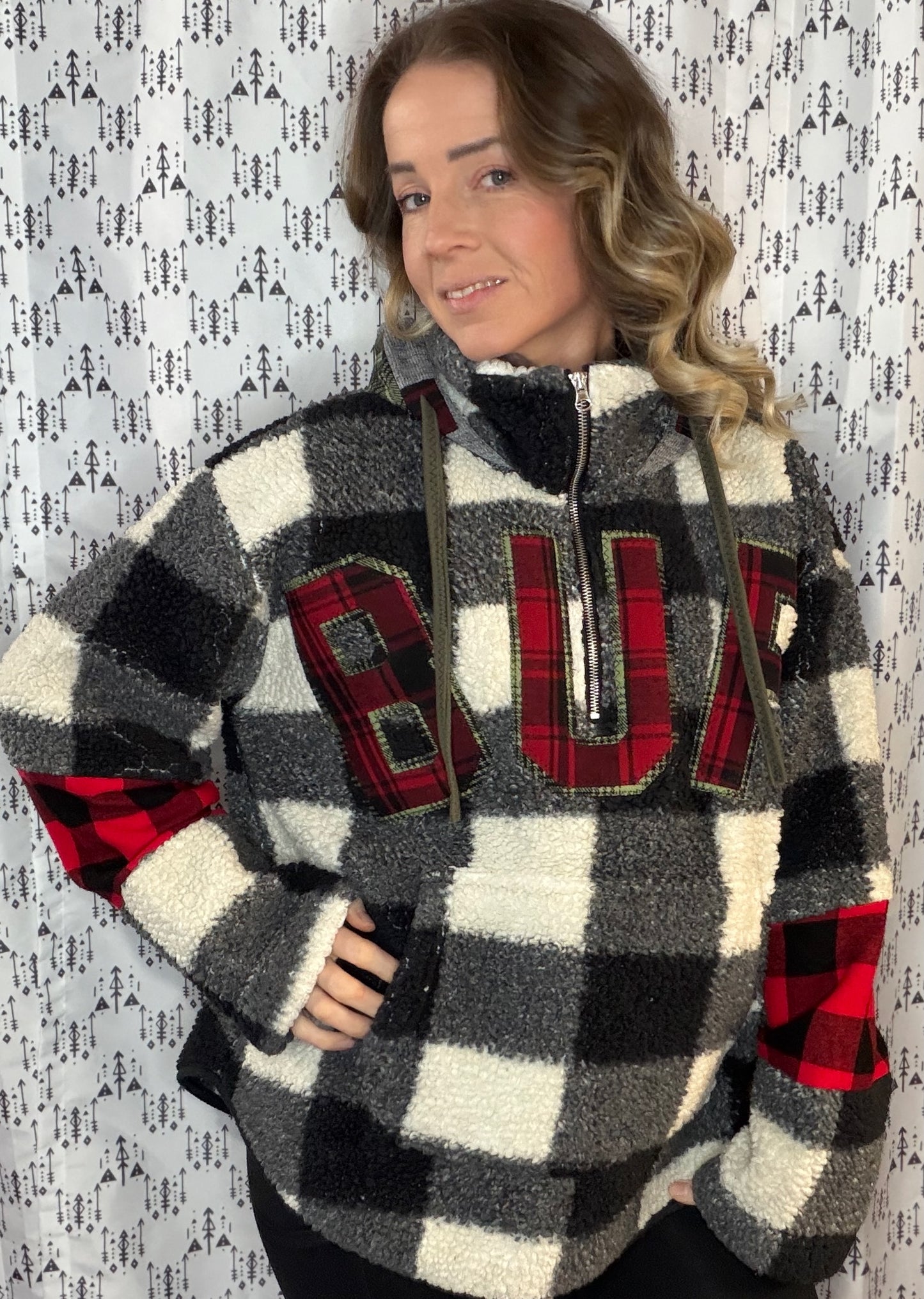 Fluffy Plaid BUF Hoodie Size- Women's L/XL