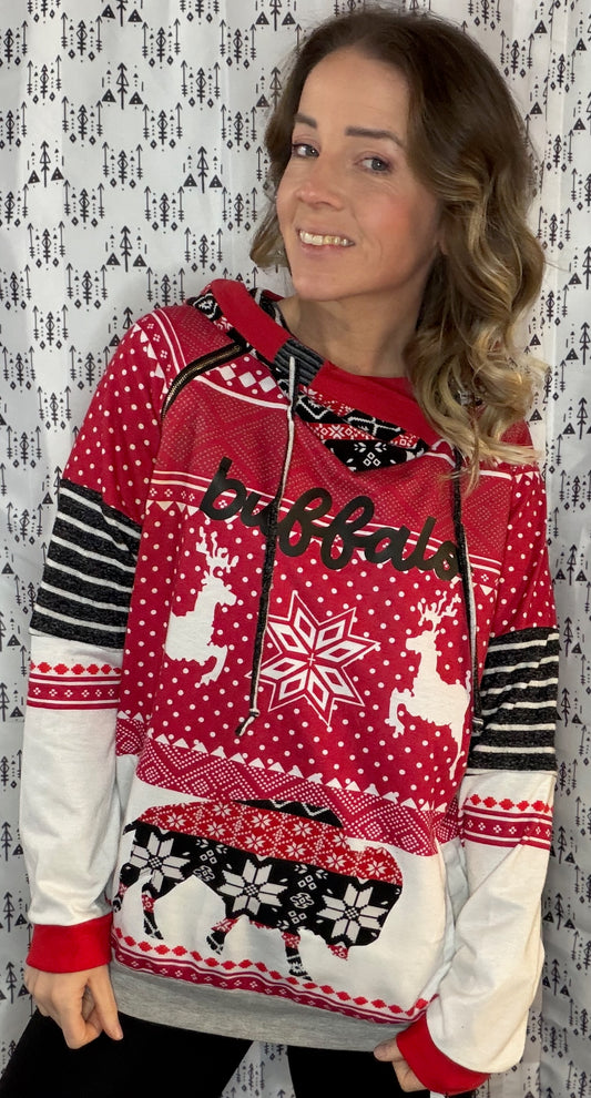 Red Holiday Buffalo Hoodie Size- Women's L/XL