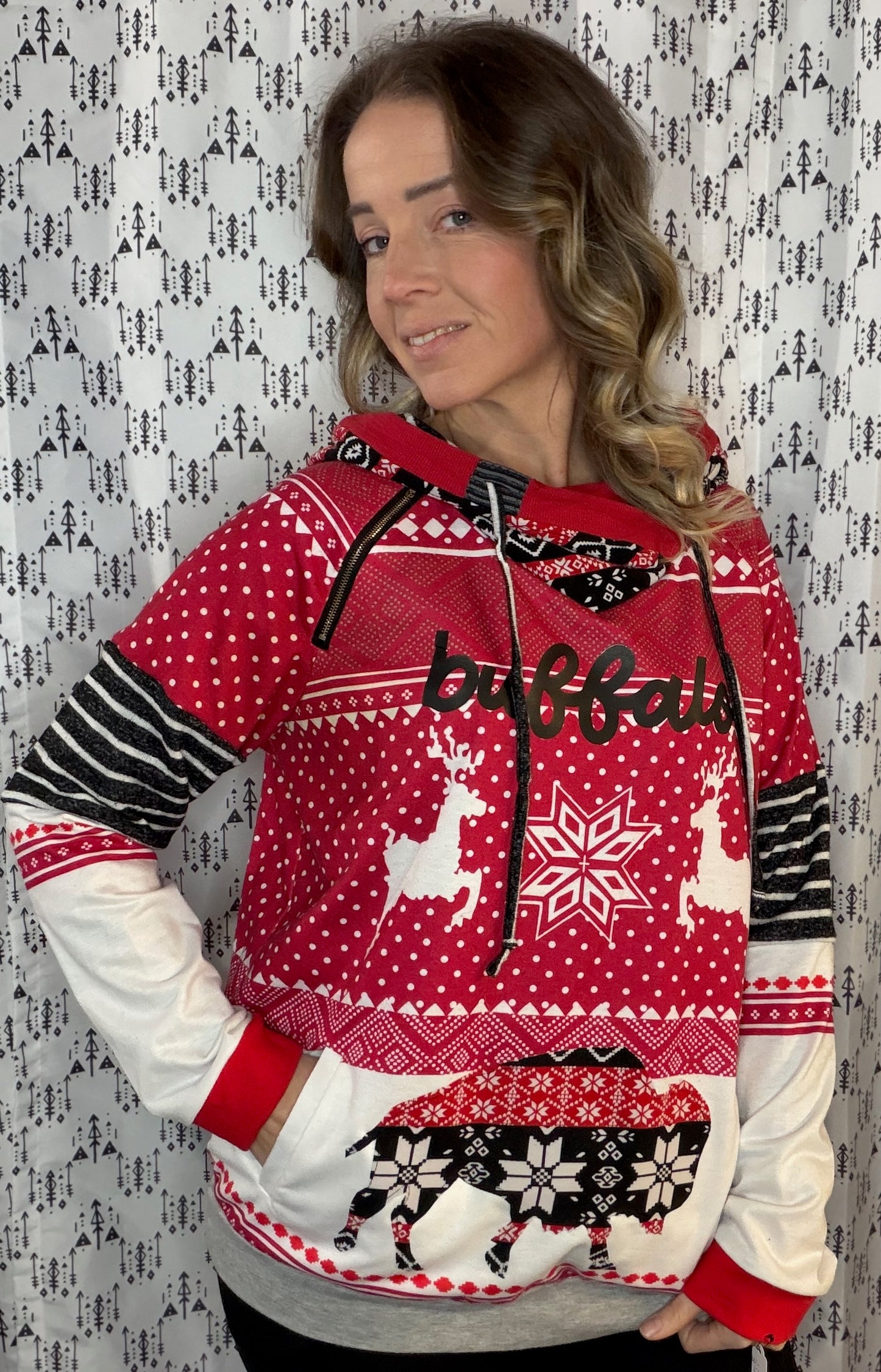 Red Holiday Buffalo Hoodie Size- Women's L/XL