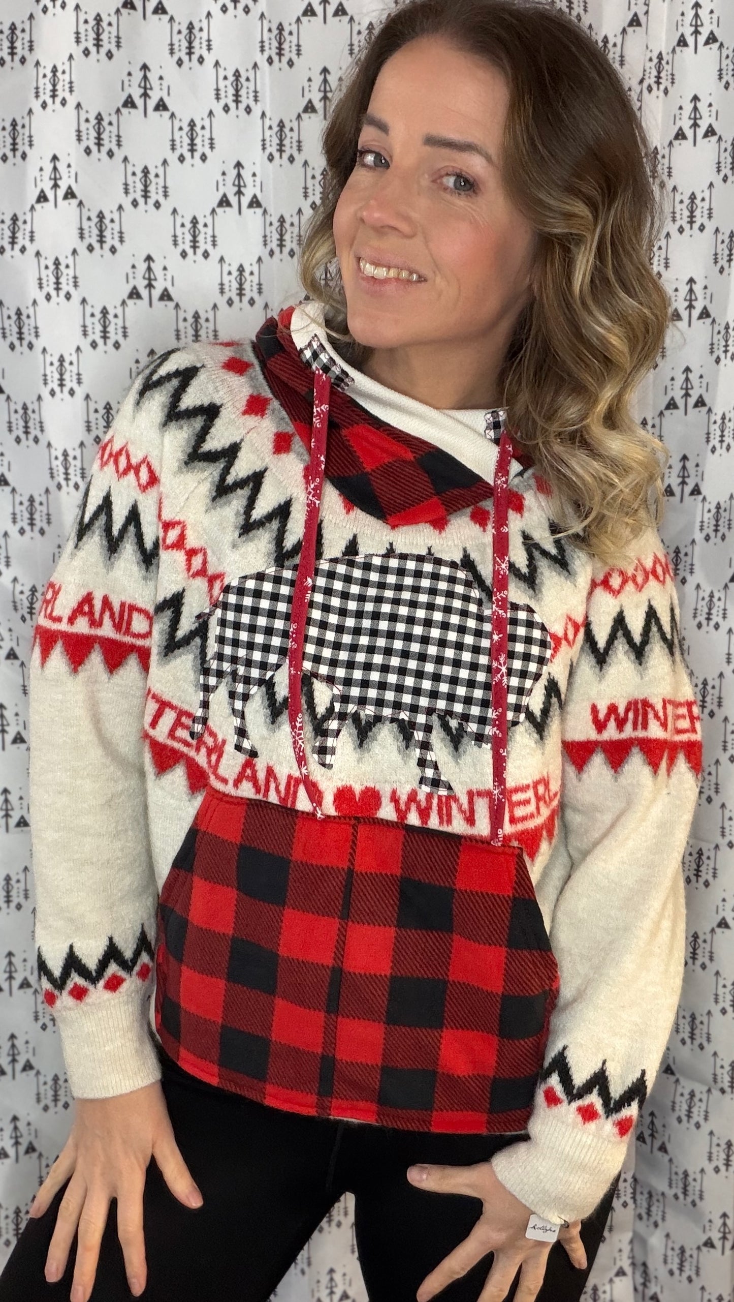 Red & Black Buffalo Winter Wonderland Crop Sweater Hoodie Size- Women's M/L