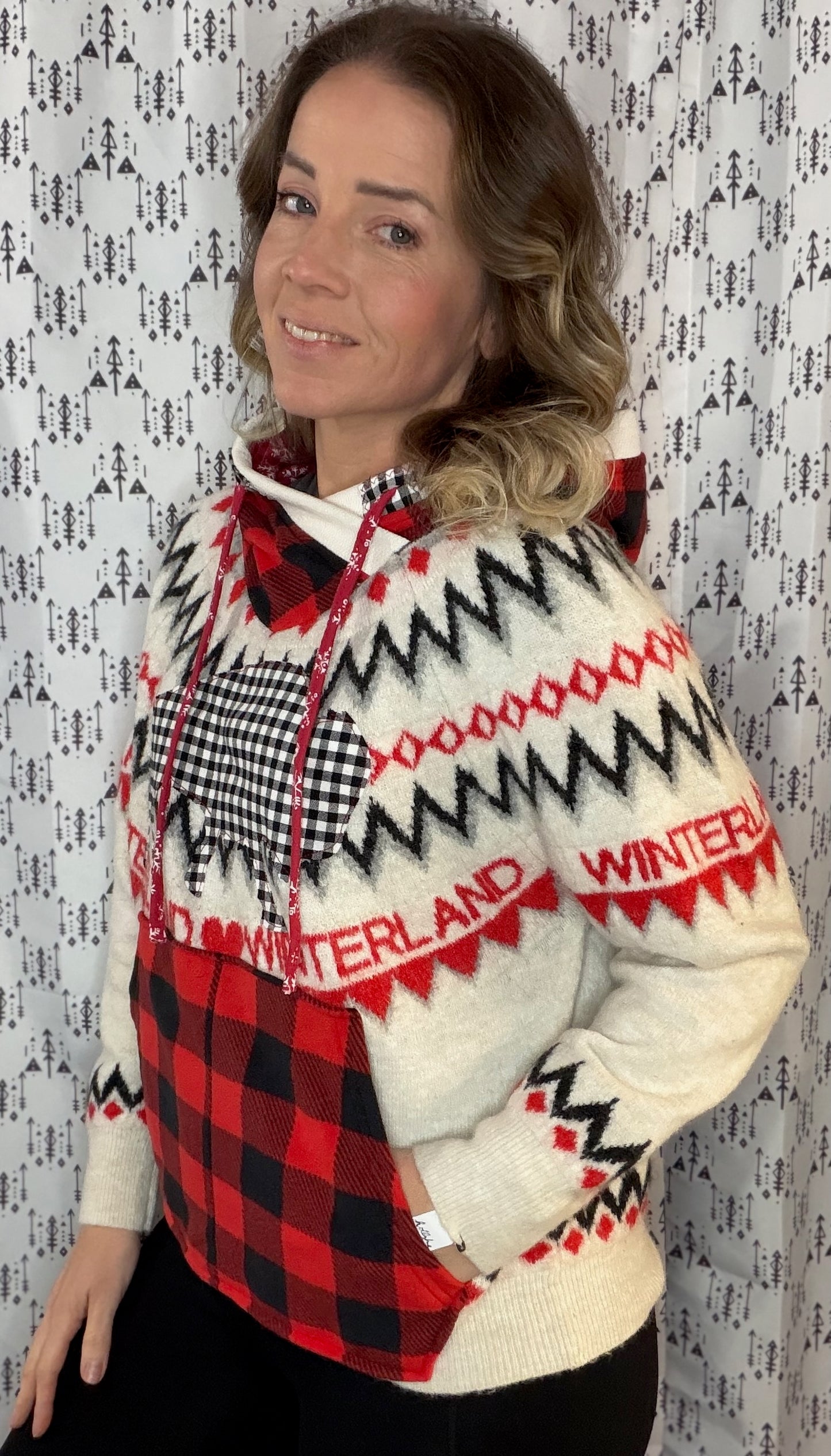 Red & Black Buffalo Winter Wonderland Crop Sweater Hoodie Size- Women's M/L