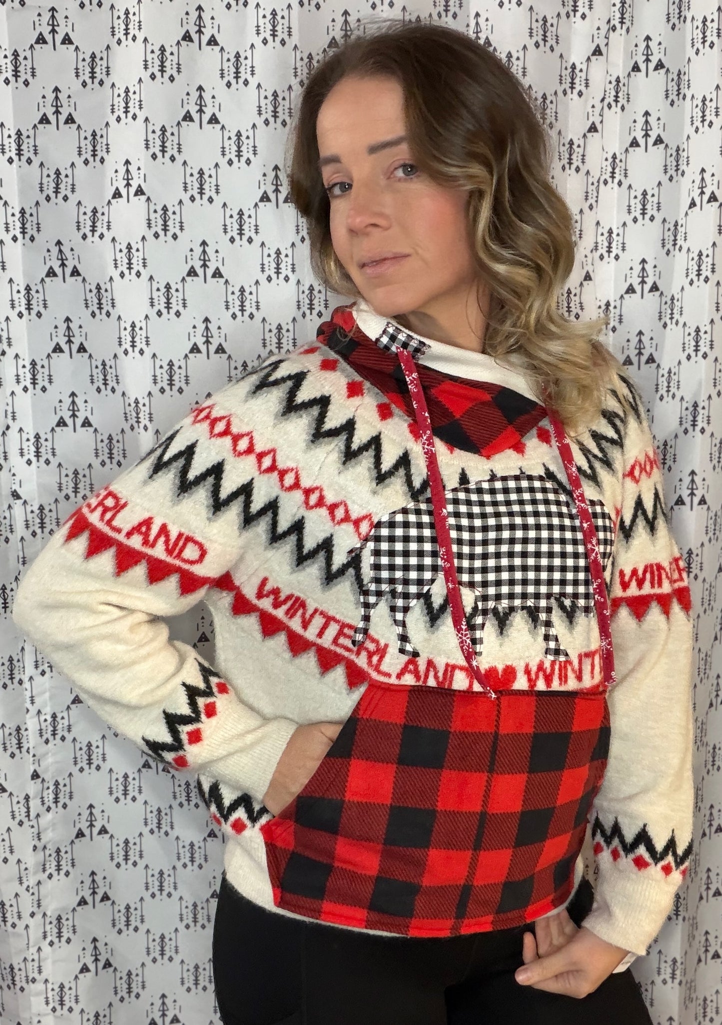 Red & Black Buffalo Winter Wonderland Crop Sweater Hoodie Size- Women's M/L