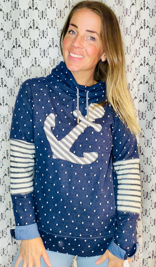 Blue Polkadot Nautical Anchor Cowelneck Size Women's- L/XL