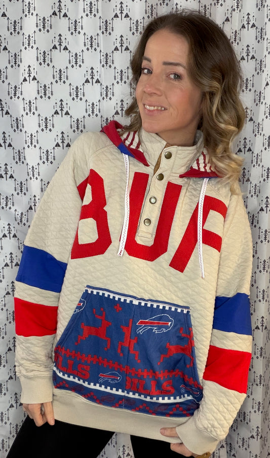 Khaki Holiday BUF Football 1/4 Button Up Hoodie Size Unisex- L/XL