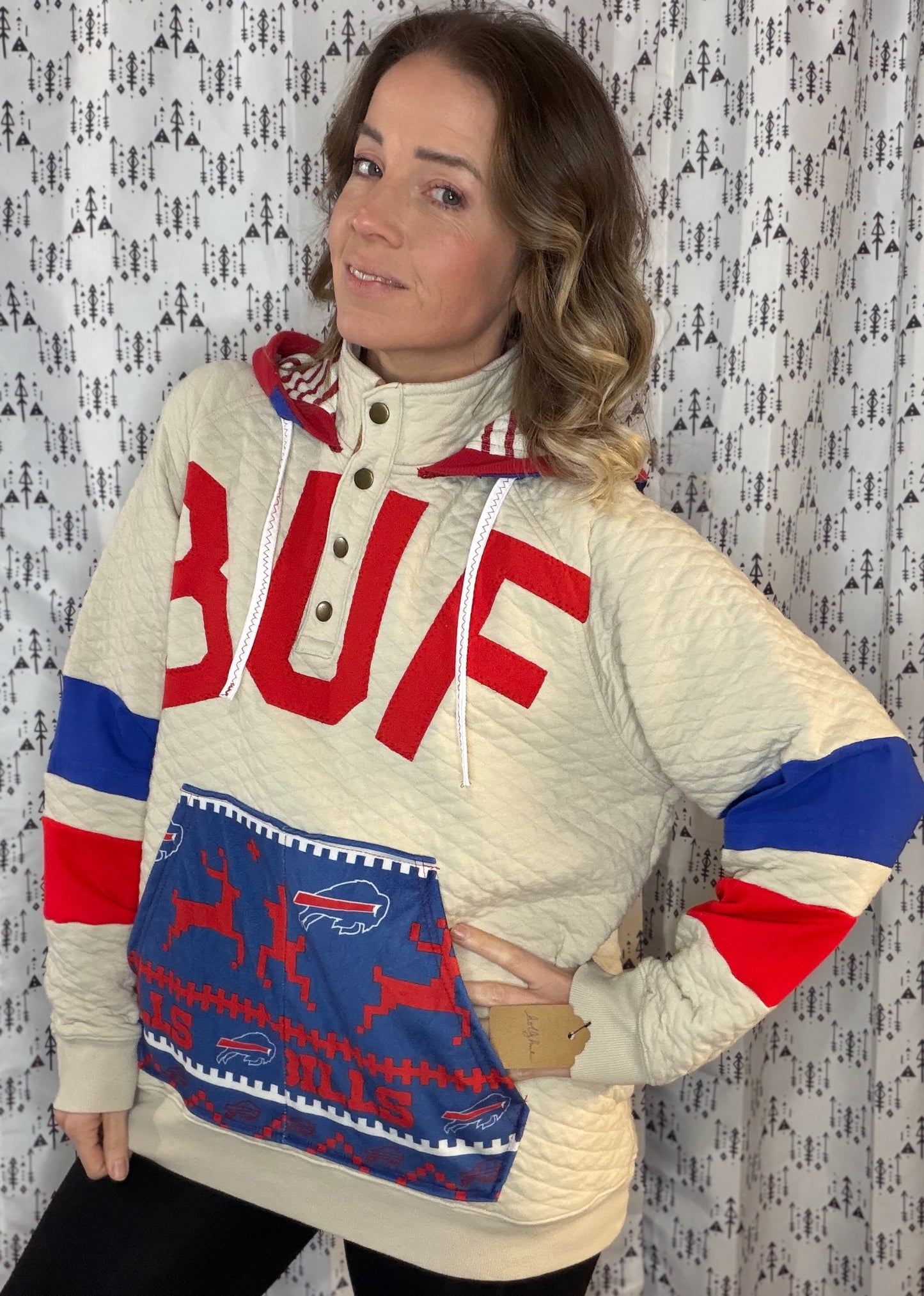 Khaki Holiday BUF Football 1/4 Button Up Hoodie Size Unisex- L/XL