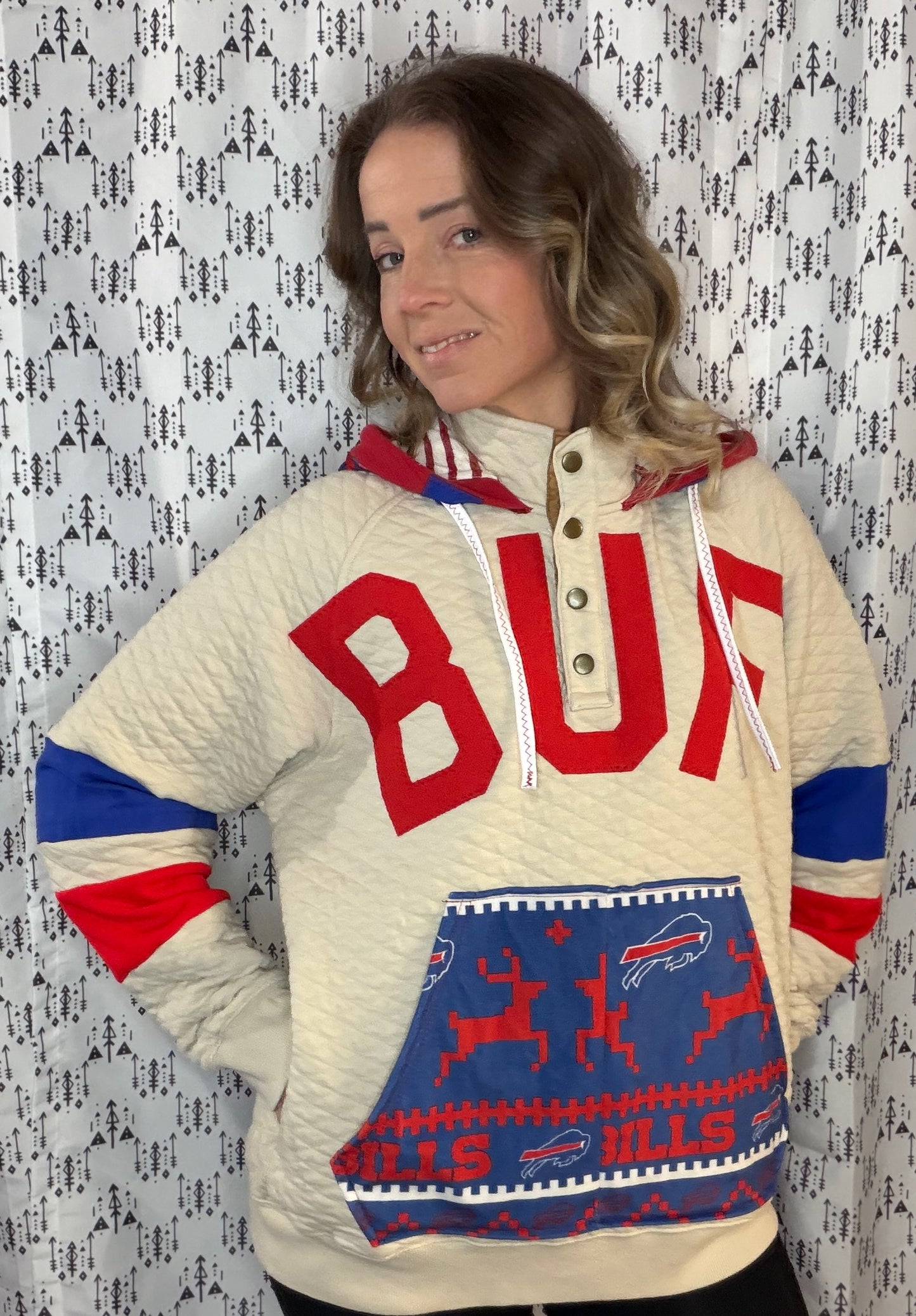 Khaki Holiday BUF Football 1/4 Button Up Hoodie Size Unisex- L/XL