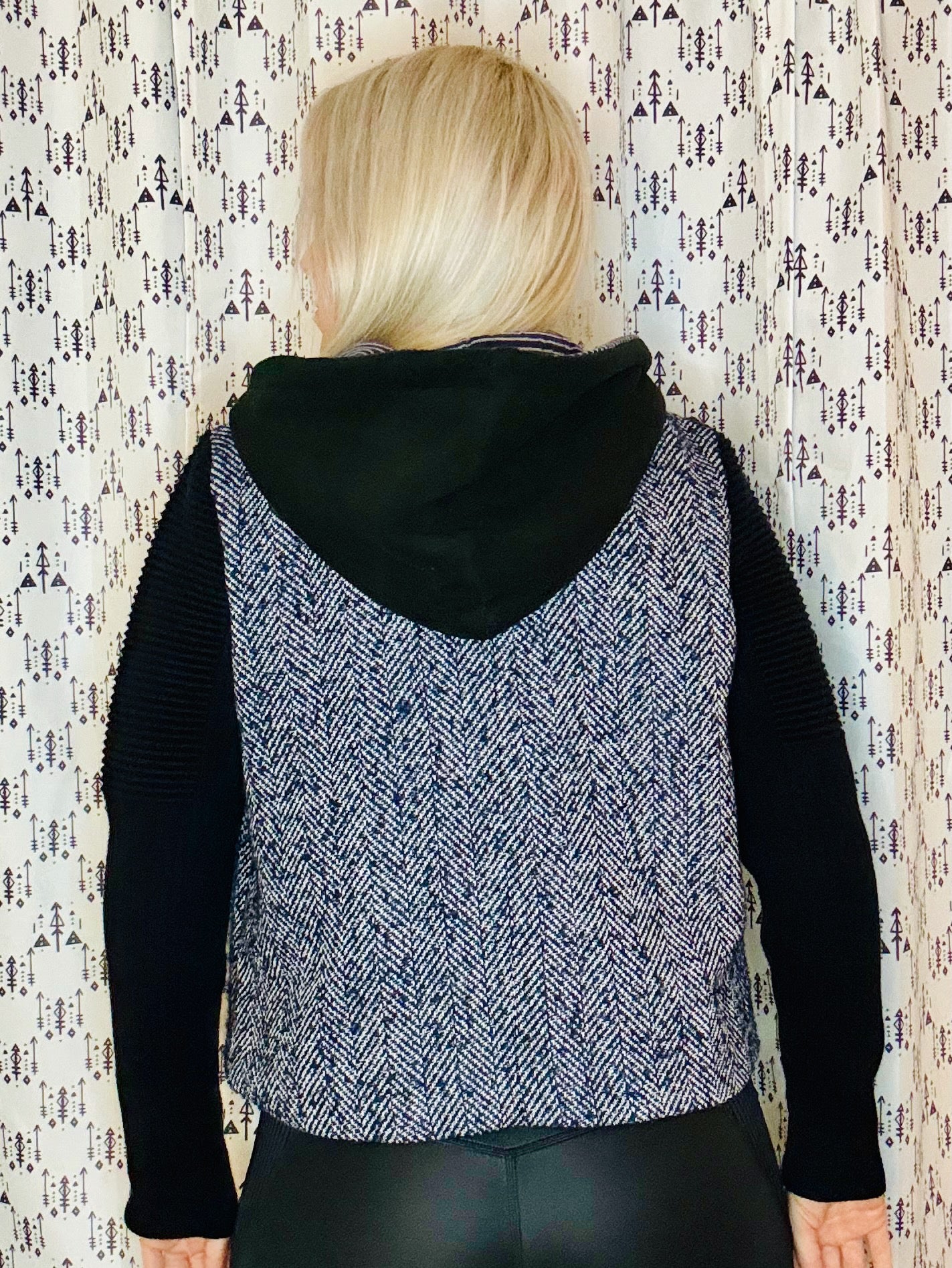 Blue & Black Herringbone Hooded Jacket Size- Women's L/XL