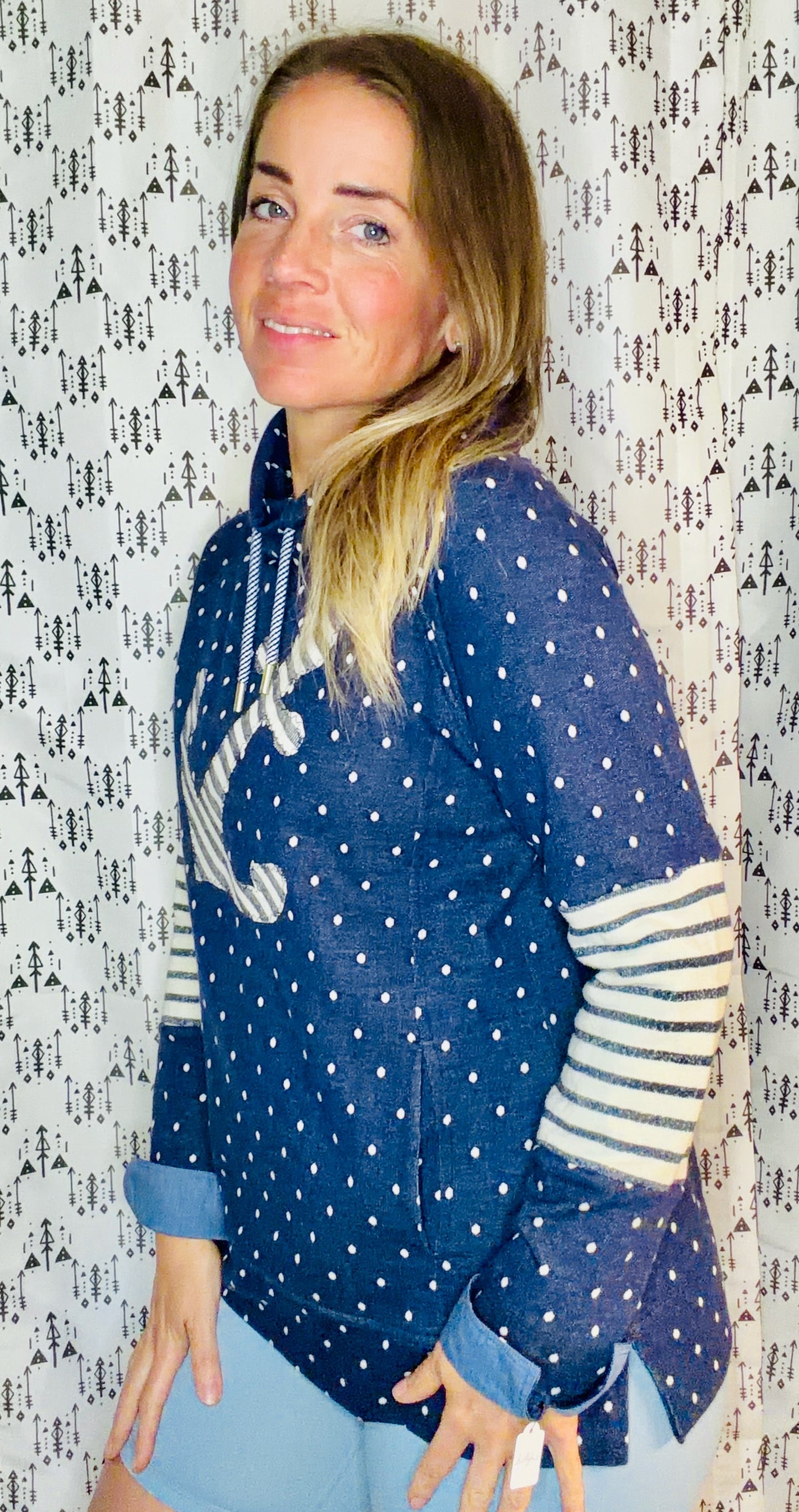 Blue Polkadot Nautical Anchor Cowelneck Size Women's- L/XL