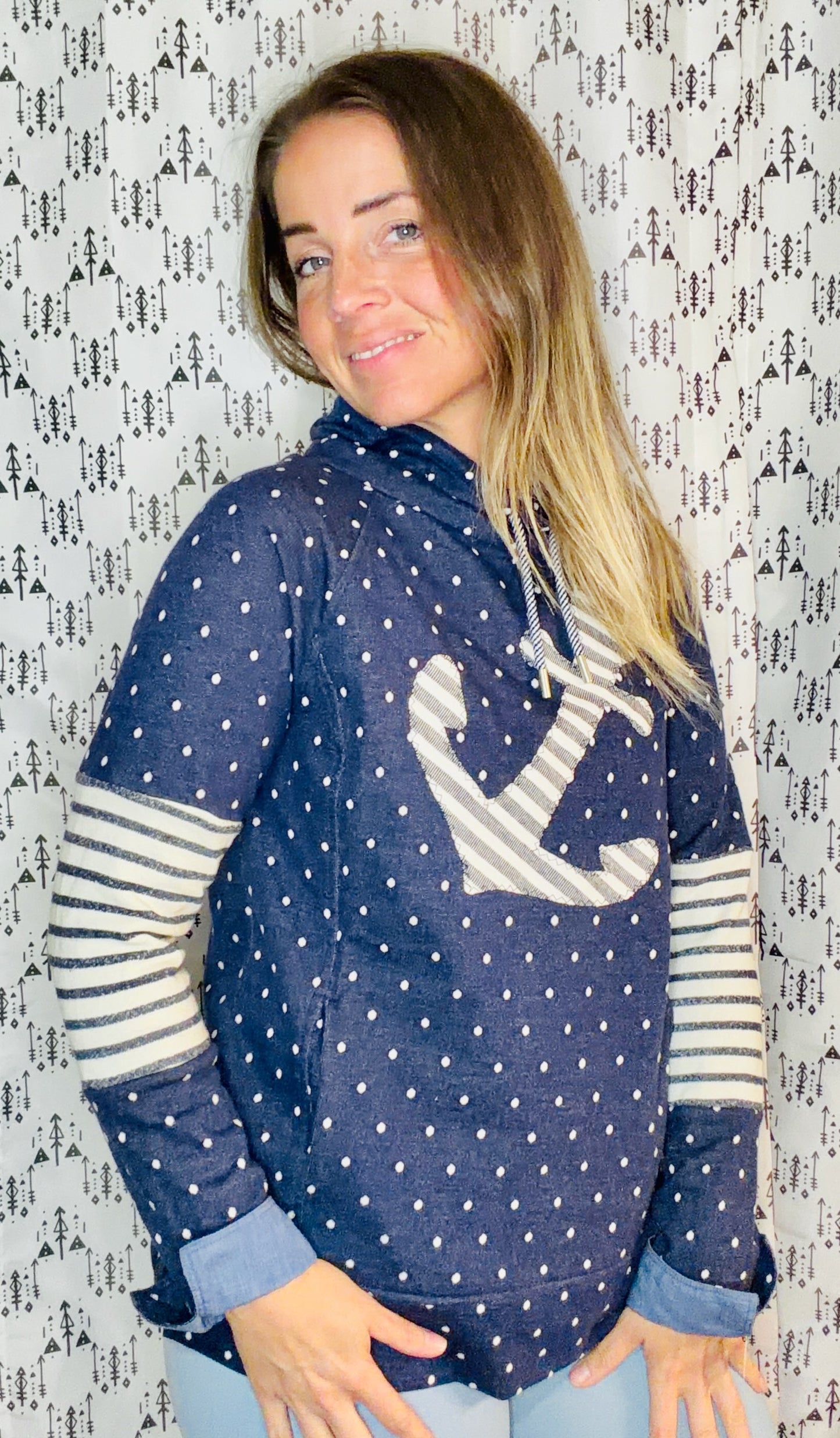 Blue Polkadot Nautical Anchor Cowelneck Size Women's- L/XL