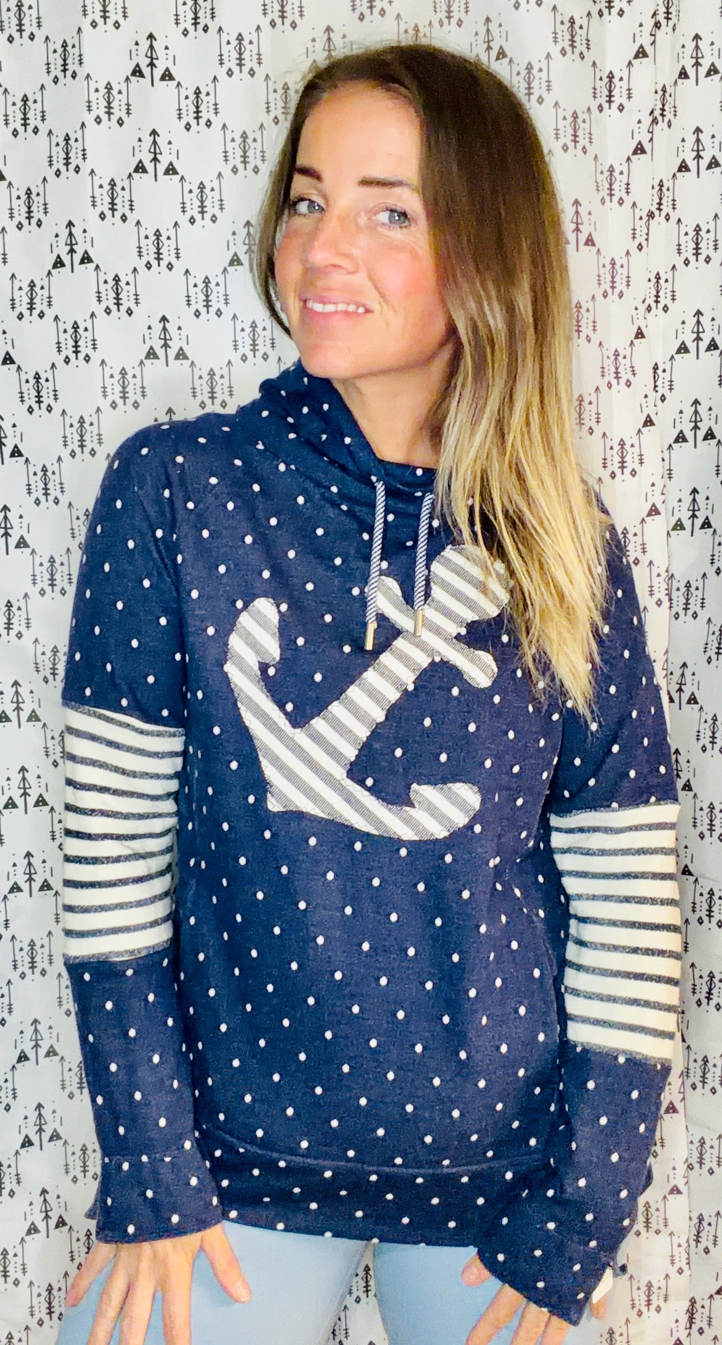 Blue Polkadot Nautical Anchor Cowelneck Size Women's- L/XL