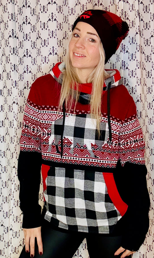 Red, Black, & White Plaid Sweater Hoodie Size- Unisex M/L