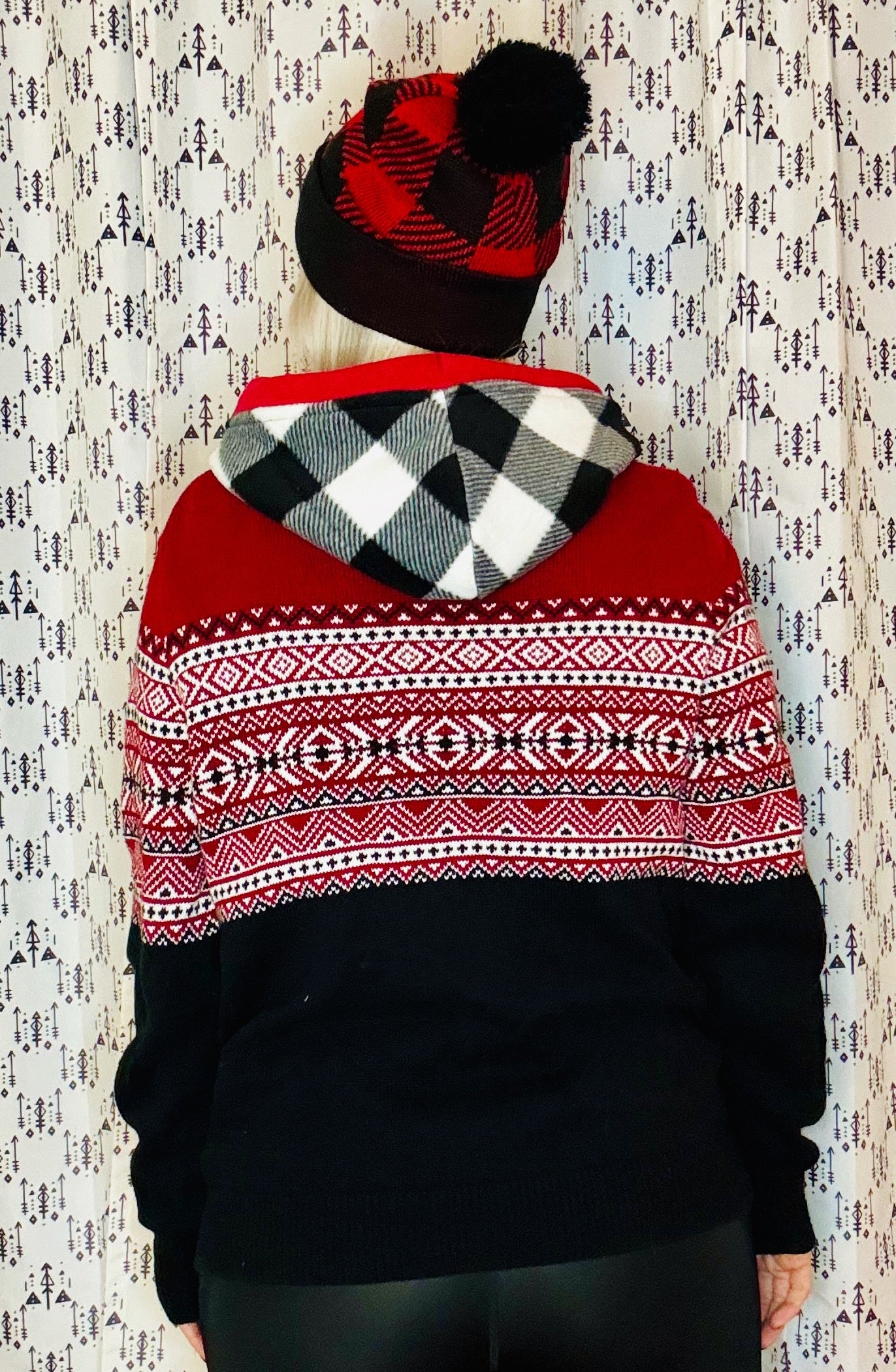 Red, Black, & White Plaid Sweater Hoodie Size- Unisex M/L