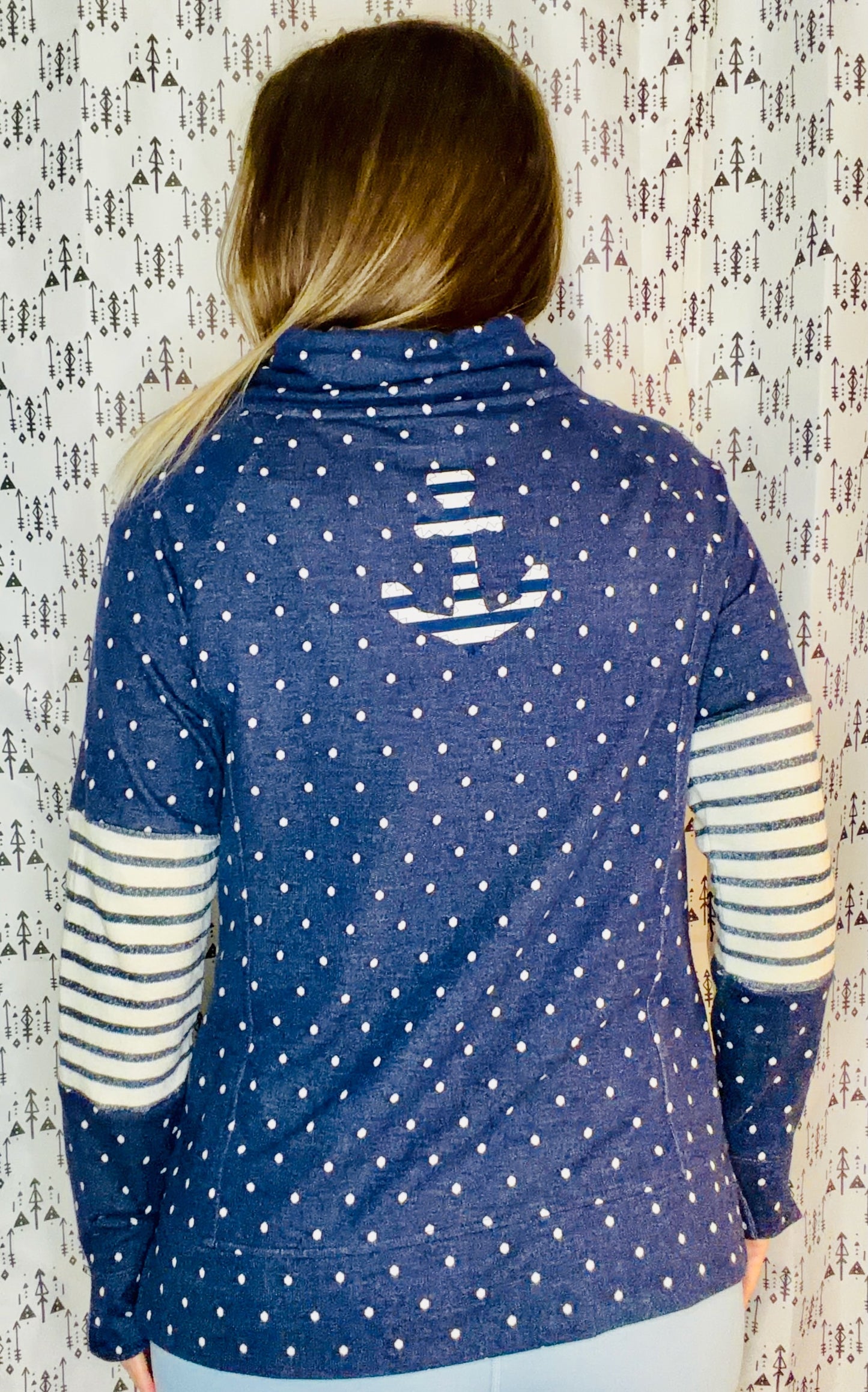 Blue Polkadot Nautical Anchor Cowelneck Size Women's- L/XL