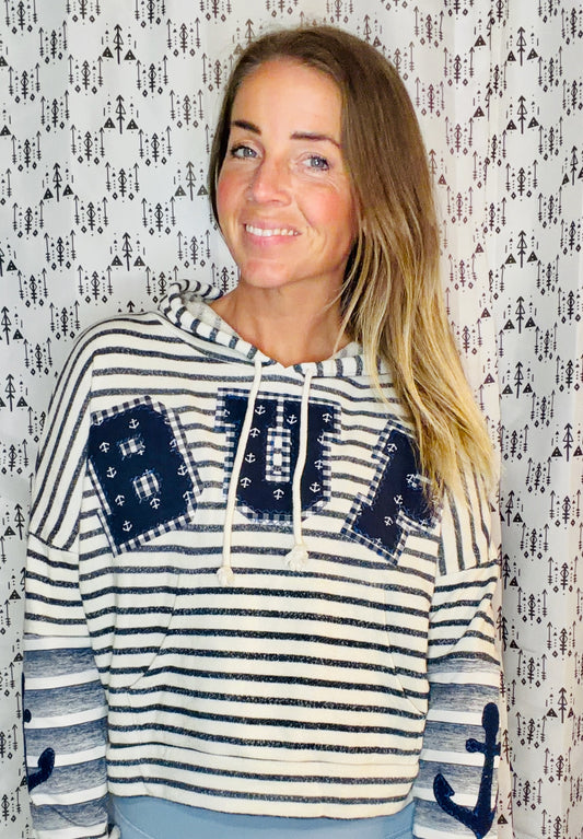 Striped Nautical BUF Crop Hoodie Size Women's- M/L
