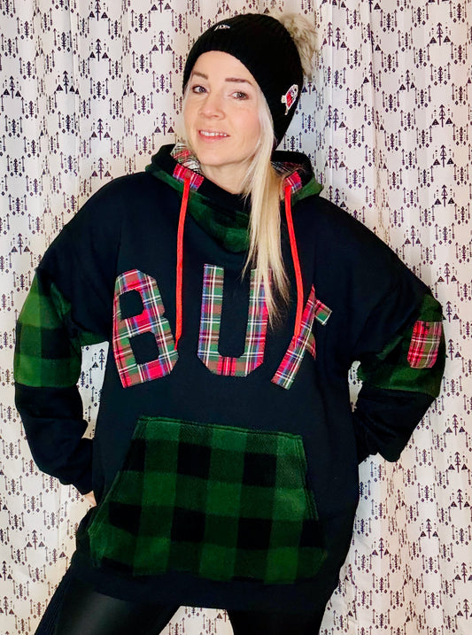 Black Plaid BUF Hoodie Size- Unisex XL/2X