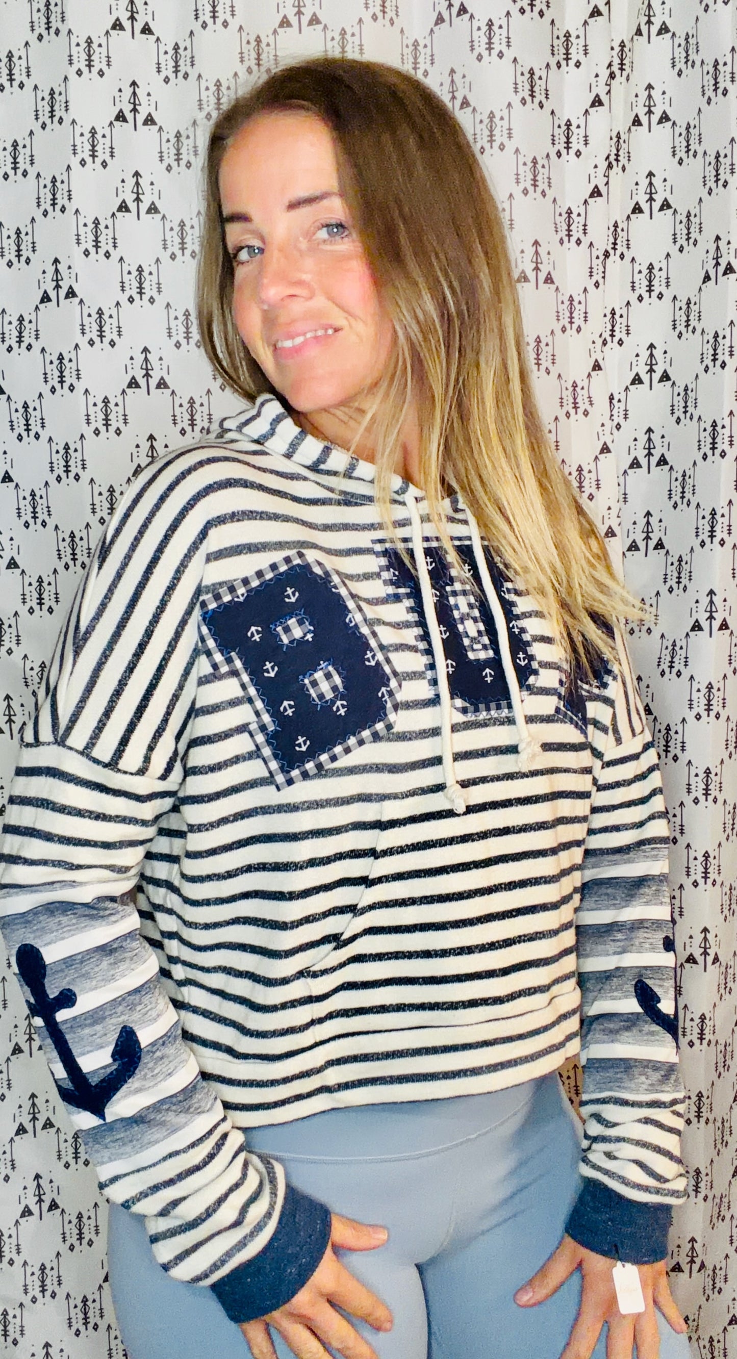 Striped Nautical BUF Crop Hoodie Size Women's- M/L