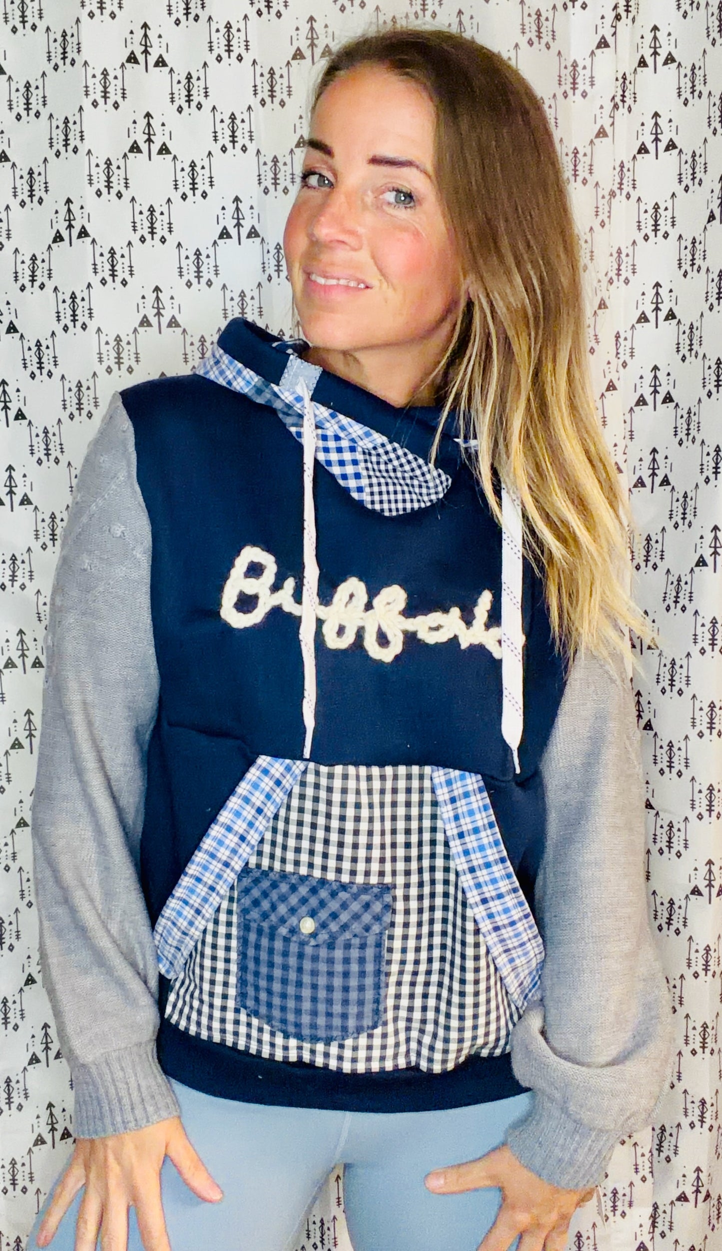 Navy & Plaid Patchwork Buffalo Hoodie Size Women's- M/L