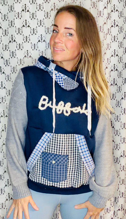 Navy & Plaid Patchwork Buffalo Hoodie Size Women's- M/L