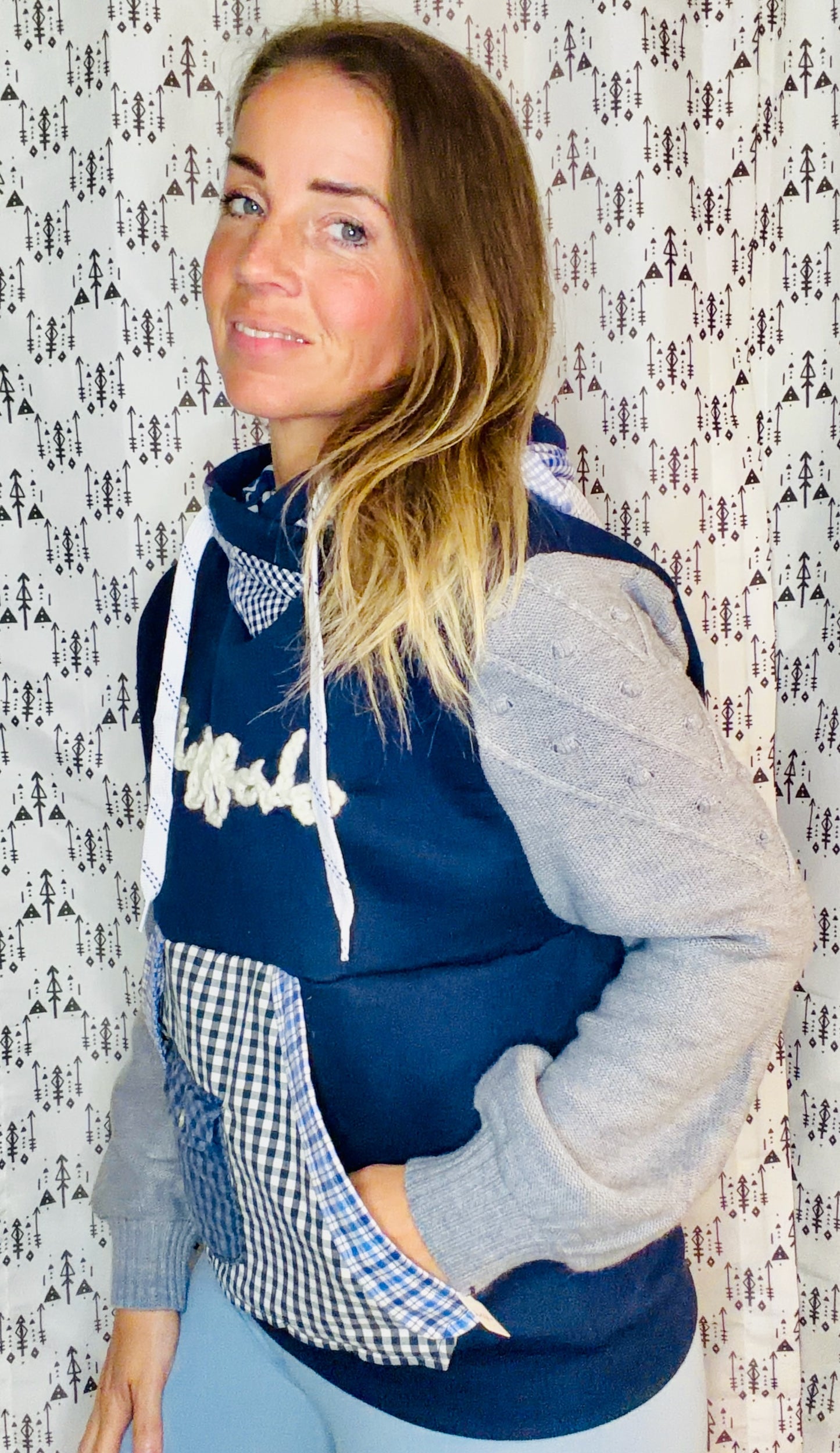 Navy & Plaid Patchwork Buffalo Hoodie Size Women's- M/L