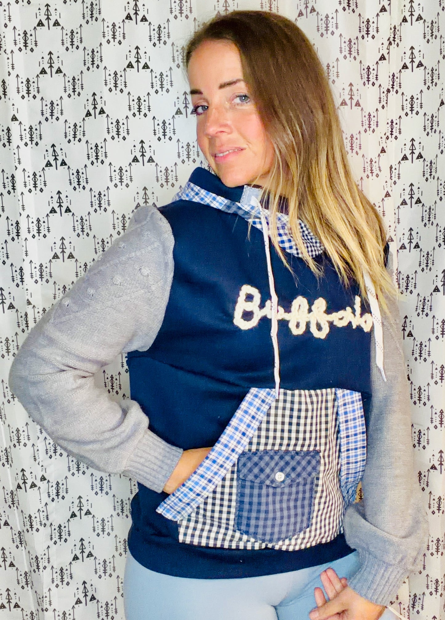 Navy & Plaid Patchwork Buffalo Hoodie Size Women's- M/L