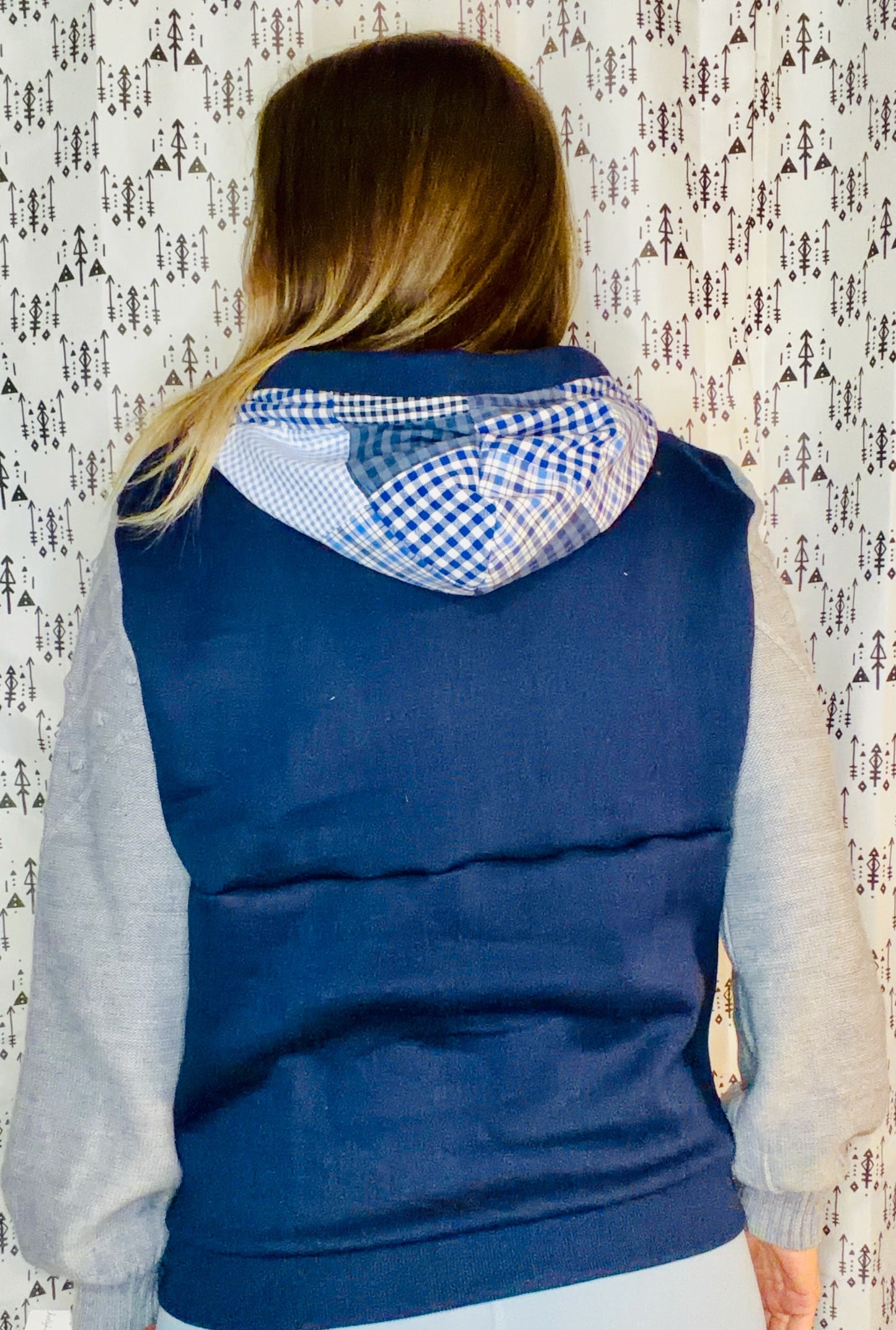 Navy & Plaid Patchwork Buffalo Hoodie Size Women's- M/L
