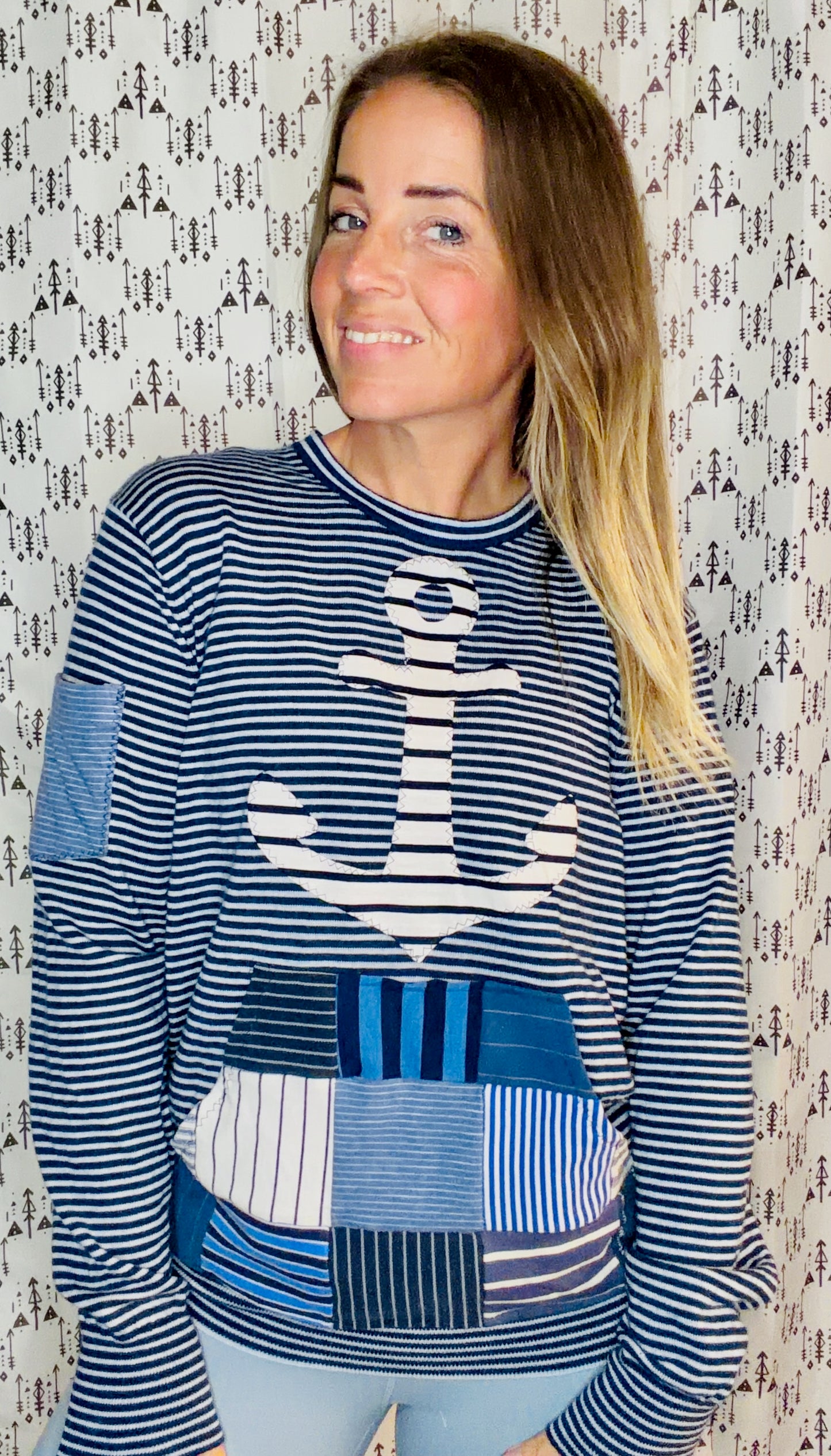 Navy Striped Anchor Sweater Crewneck Size Women's- L/XL