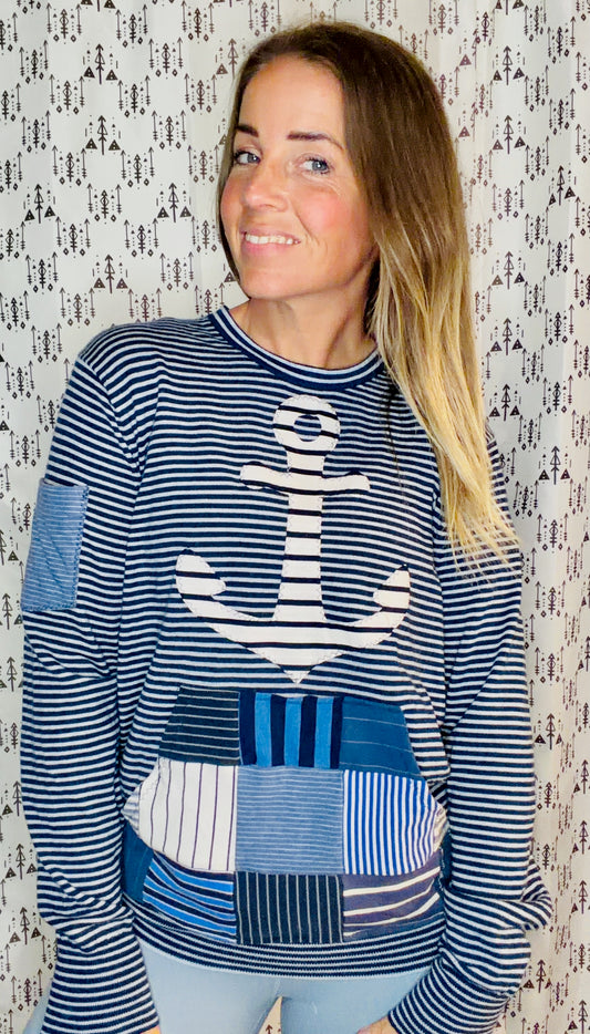 Navy Striped Anchor Sweater Crewneck Size Women's- L/XL