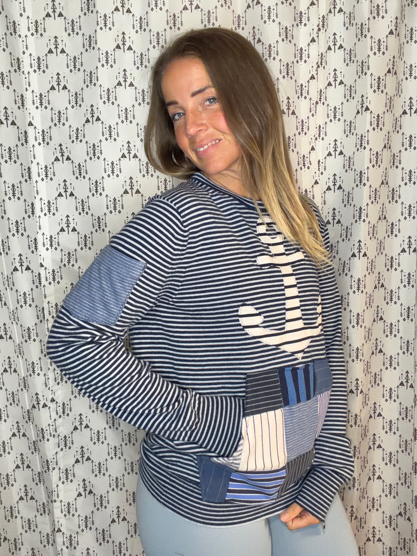Navy Striped Anchor Sweater Crewneck Size Women's- L/XL