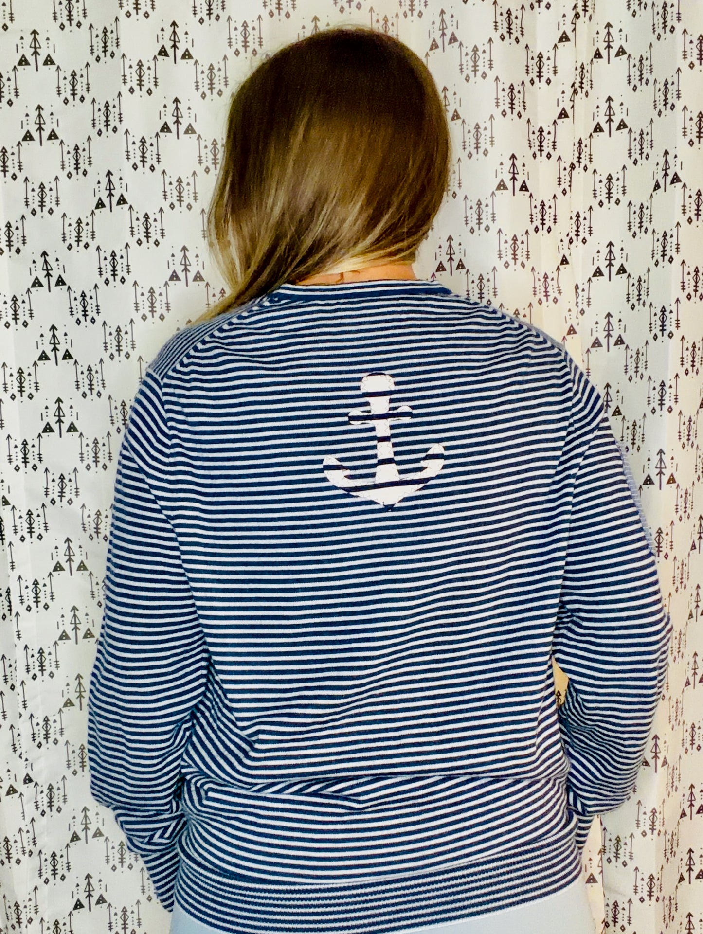 Navy Striped Anchor Sweater Crewneck Size Women's- L/XL