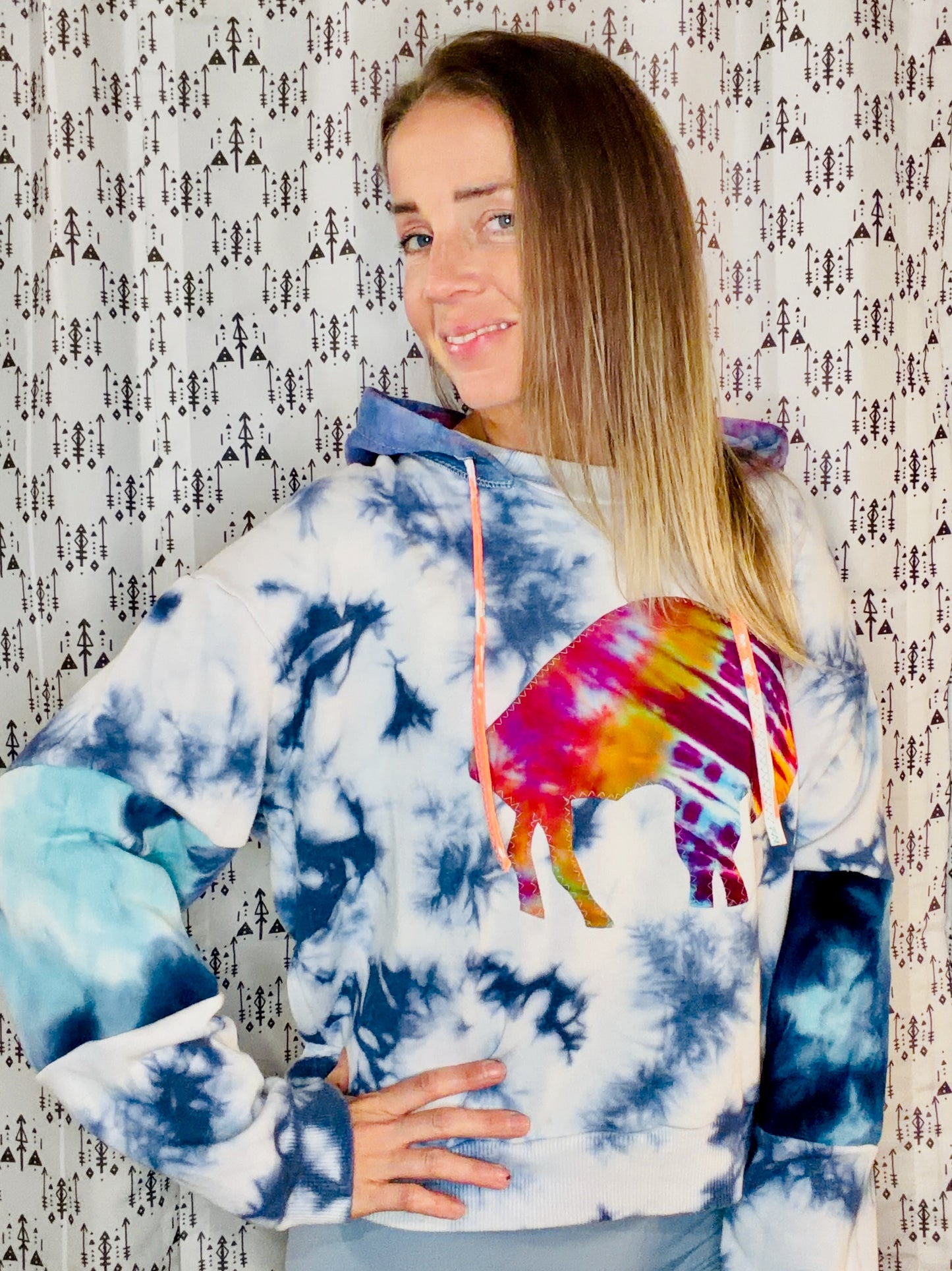 Blue & White Tie Dye  Buffalo Hoodie Crop Size Women's-XL/2X