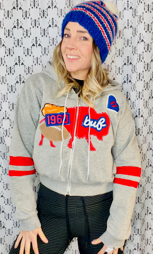 Grey Everything Buffalo Football Zip-Up Crop Hoodie Size- Women's M/L