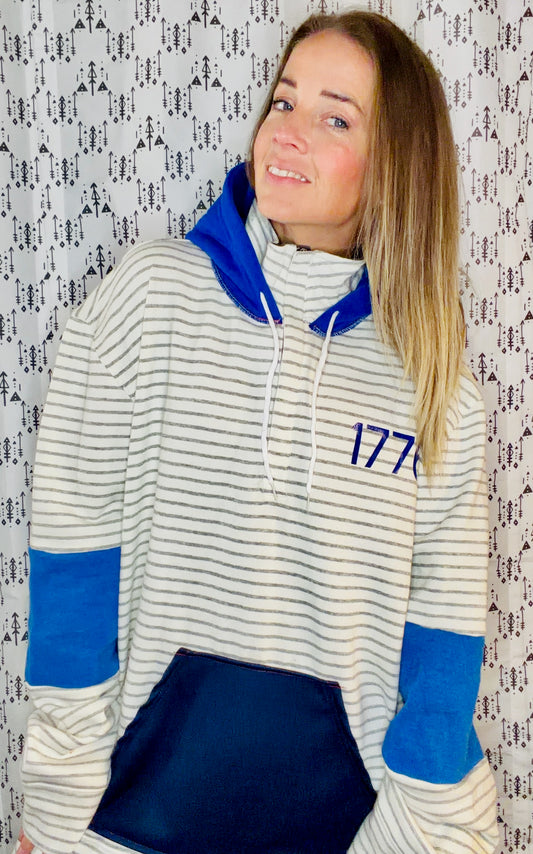 White Striped 1776 Merica 1/4 Zip Hoodie Size Unisex- XL/2X