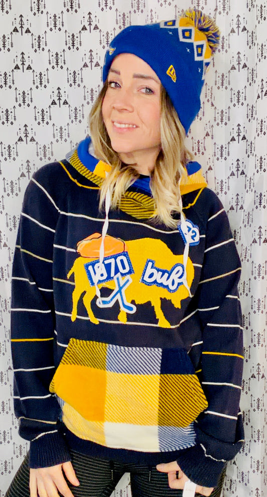 Navy Striped Everything Buffalo Hockey Sweater Hoodie Size- Women's L/XL