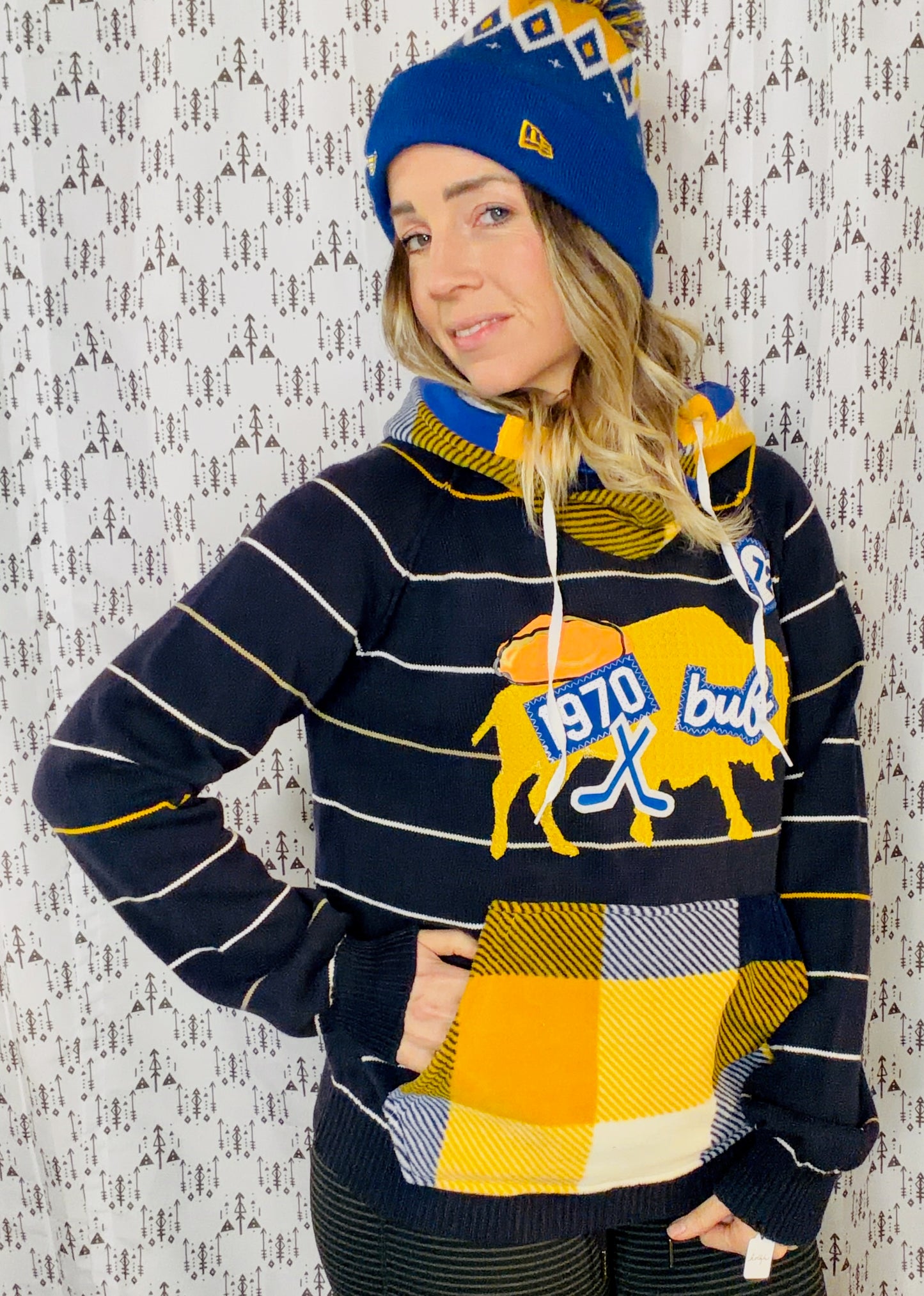 Navy Striped Everything Buffalo Hockey Sweater Hoodie Size- Women's L/XL
