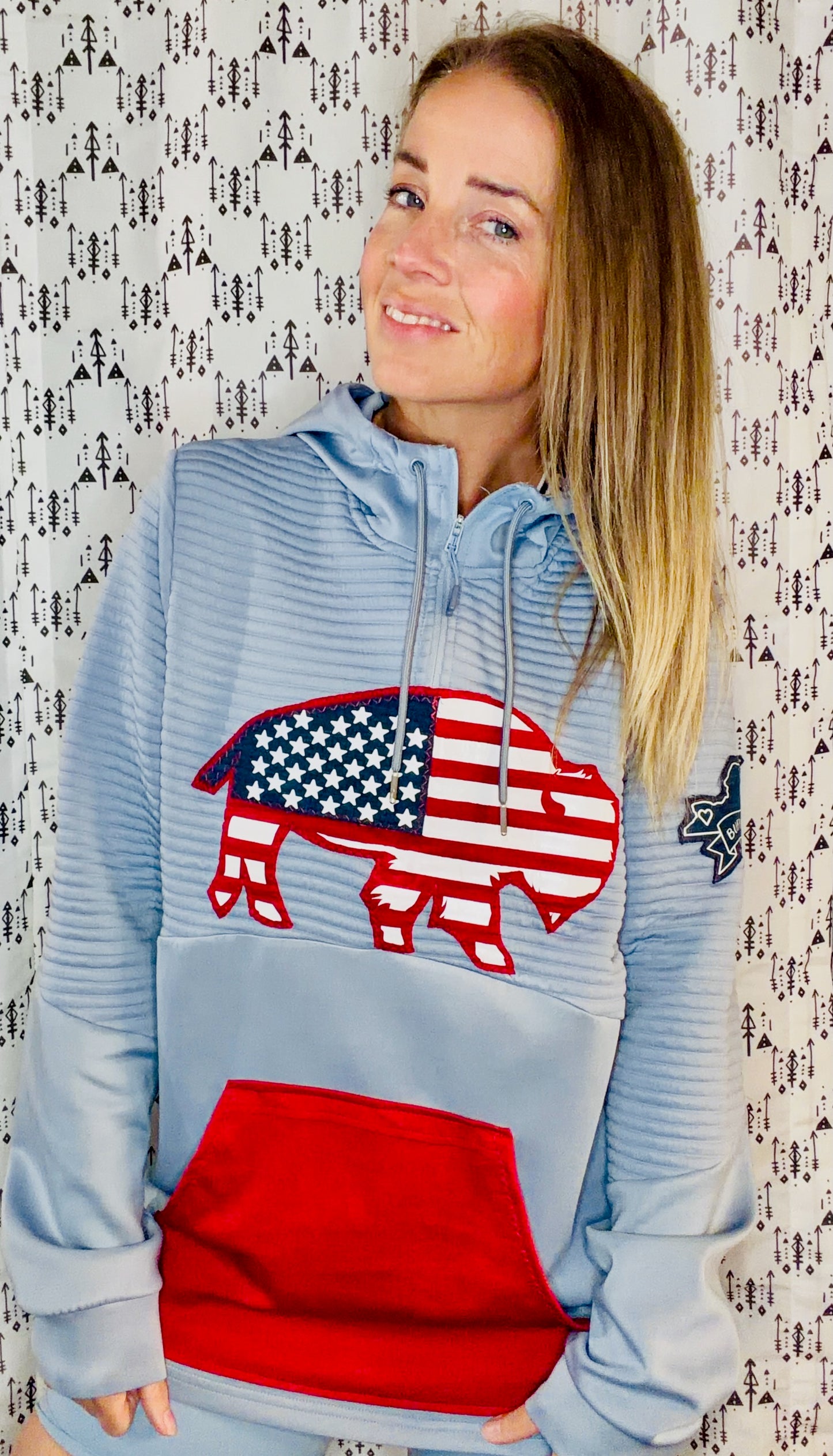 Light Blue 'Merica X Buffalo 1/4 Zip Hoodie Size Unisex- M/L
