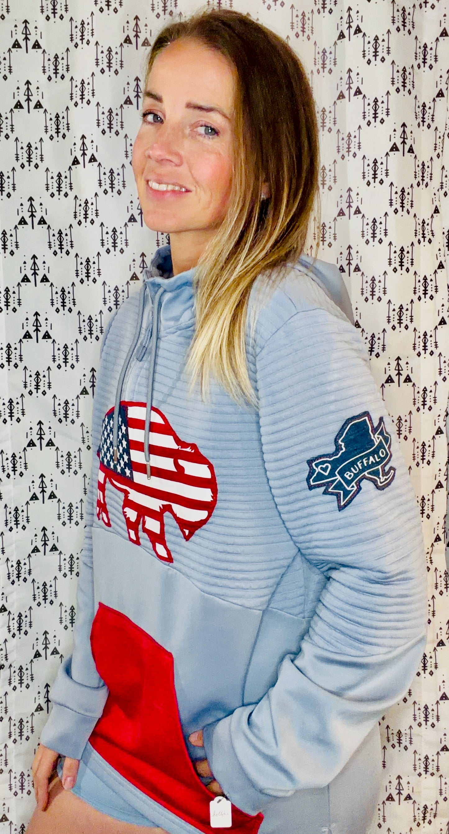 Light Blue 'Merica X Buffalo 1/4 Zip Hoodie Size Unisex- M/L