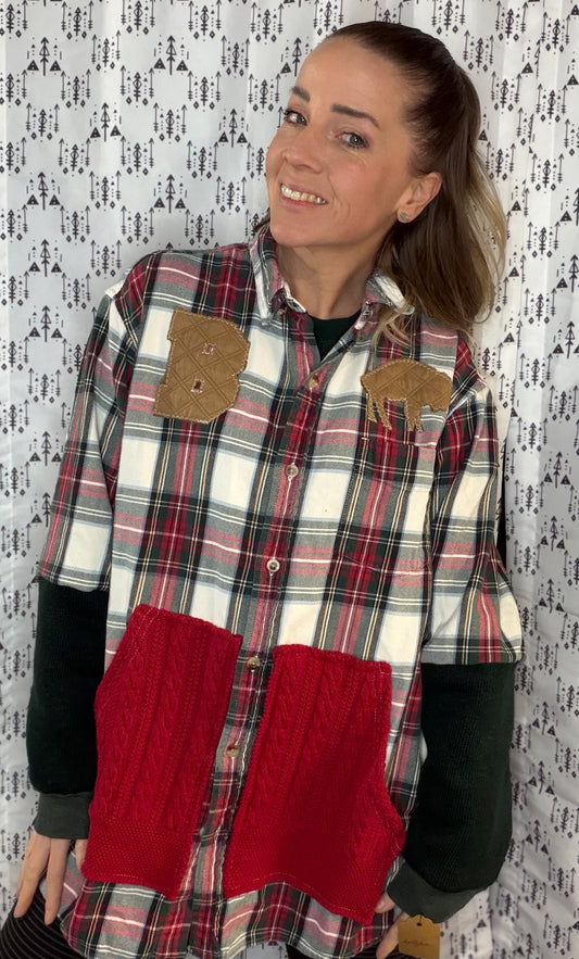 Holiday Plaid Buffalo Football Button Up Size Unisex- L/XL