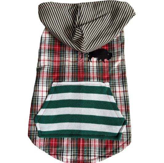Holiday Buffalo Plaid & Stripe Dog Hoodie Size-S