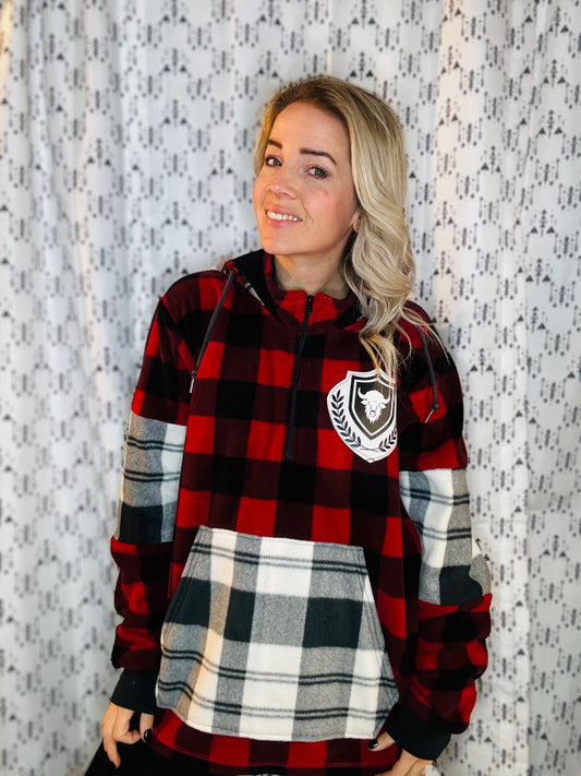 Red Plaid 1/4 Zip Buffalo Hooded Fleece Unisex- L/XL