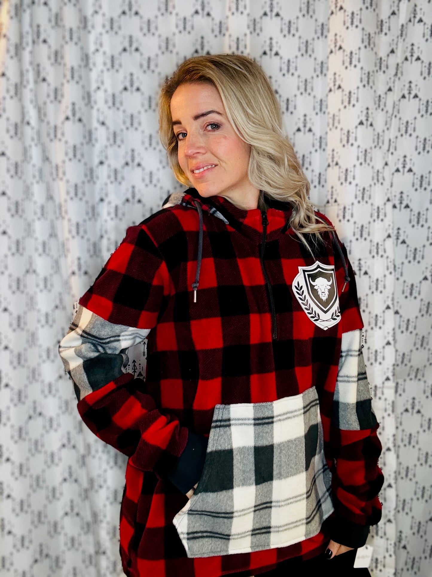 Red Plaid 1/4 Zip Buffalo Hooded Fleece Unisex- L/XL