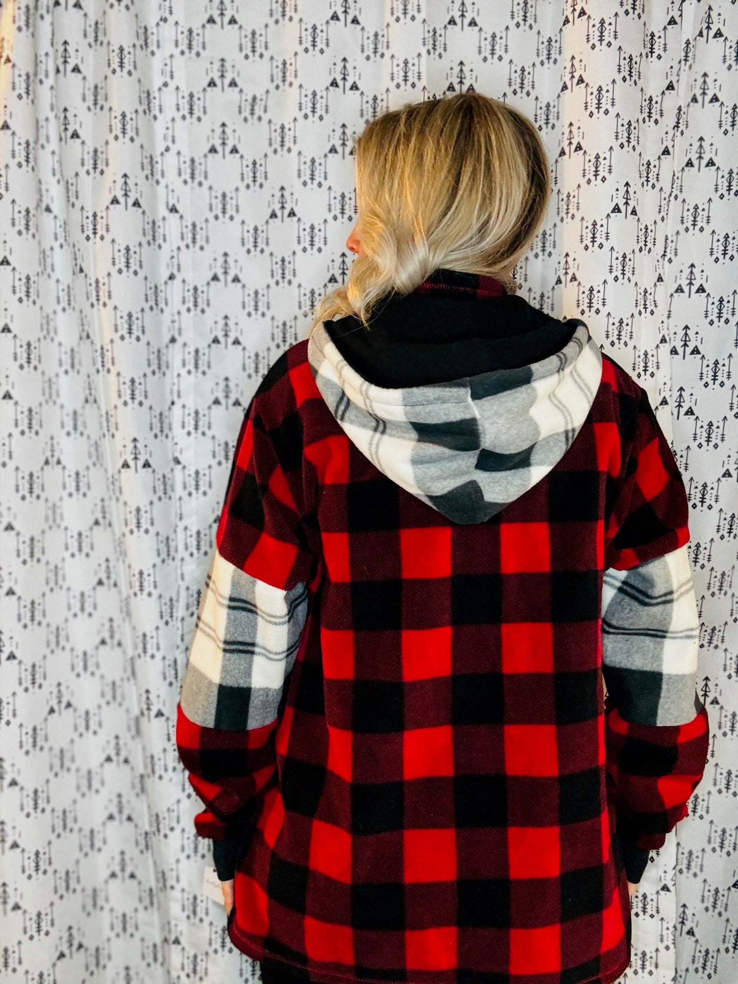 Red Plaid 1/4 Zip Buffalo Hooded Fleece Unisex- L/XL