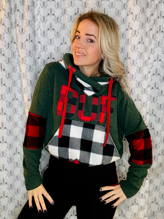 Red, Green & White Buffalo Check Crop Hoodie Size- Women's M/L