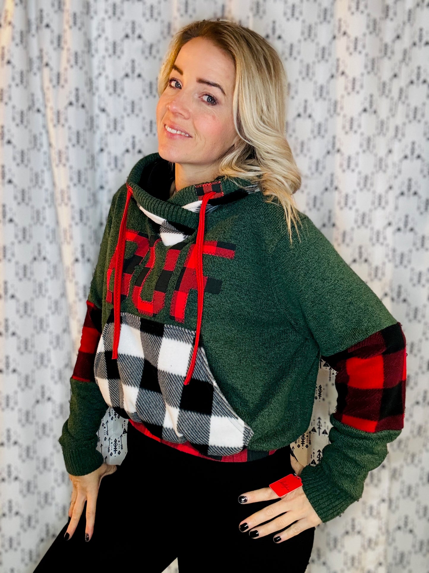 Red, Green & White Buffalo Check Crop Hoodie Size- Women's M/L