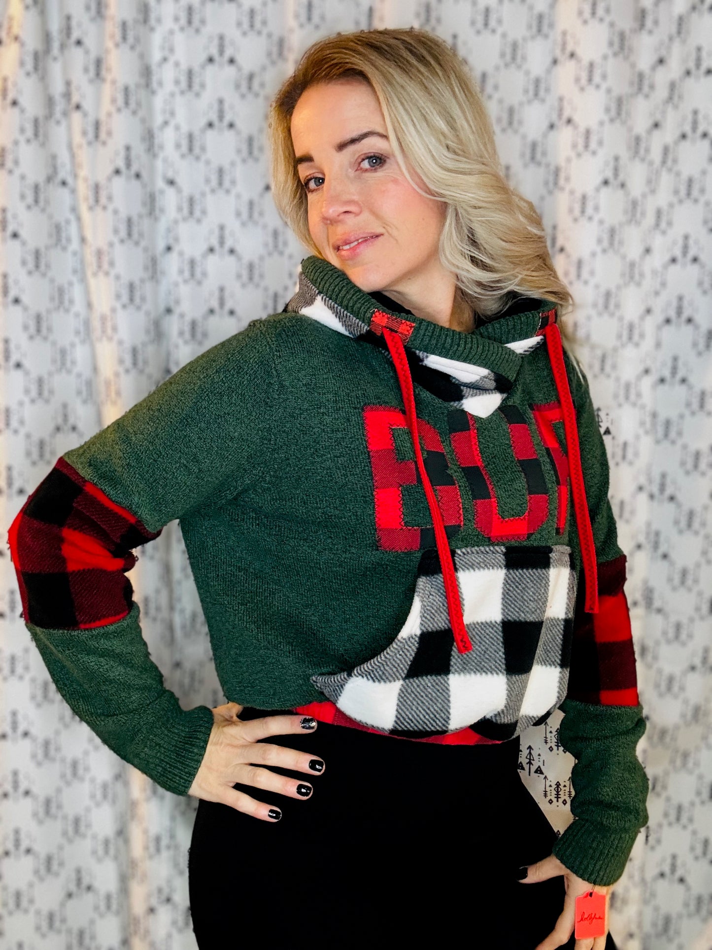 Red, Green & White Buffalo Check Crop Hoodie Size- Women's M/L