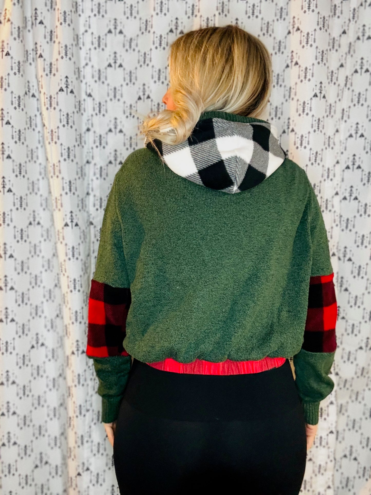 Red, Green & White Buffalo Check Crop Hoodie Size- Women's M/L
